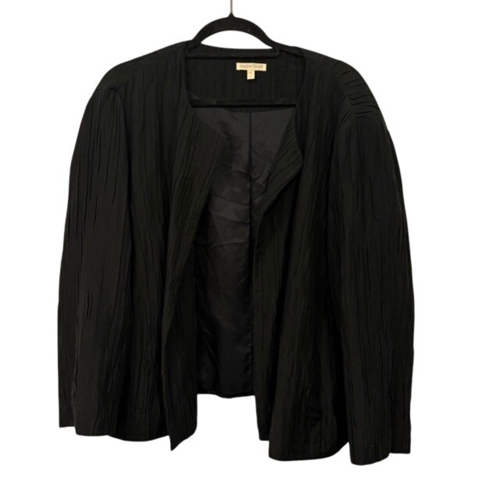 Eileen Fisher Womens Black Organic Cotton Silk Crinkle Open Front Jacket Large